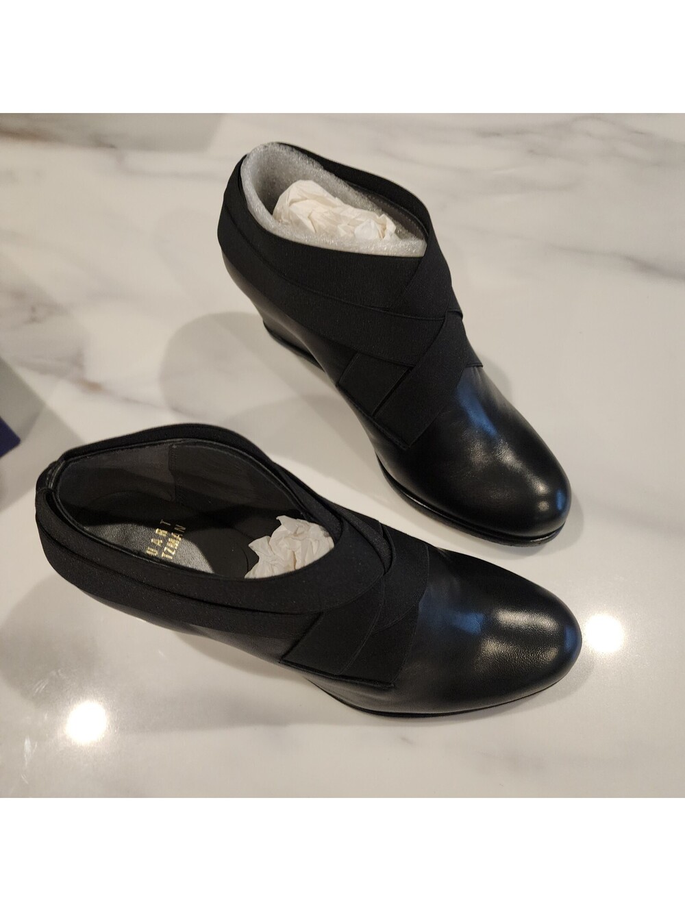 New Stuart Weitzman Black Leather Wedge Ankle Boots with Elastic Detail 6.5 W - Picture 5 of 6
